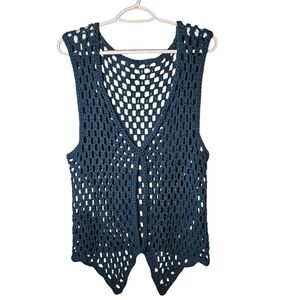 Teal Womens Crochet Open-knit Vest Western Cowgirl Boho Y2k  M